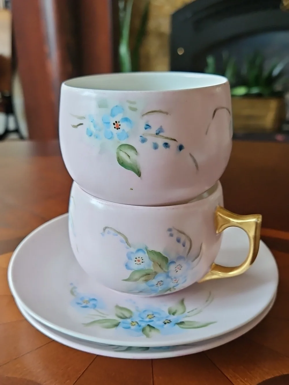 VTG Plankenhammer Floss Bavaria Blue Floral Gold Trim Tea Cups & Saucers 2 Sets